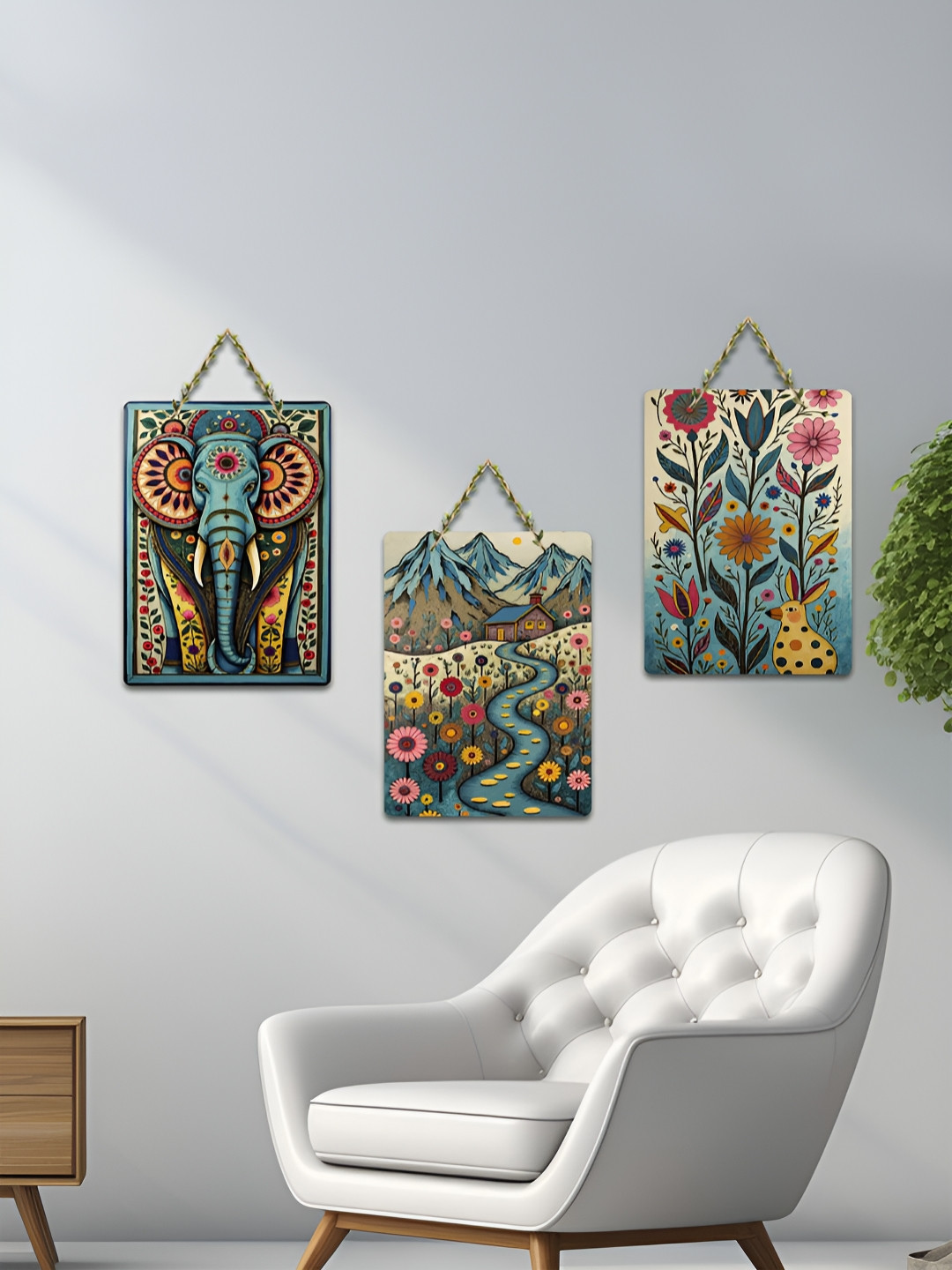 ArtVibes Yellow & Blue 3 Pieces Folkland Dreams Printed Wooden Hanging Wall Arts