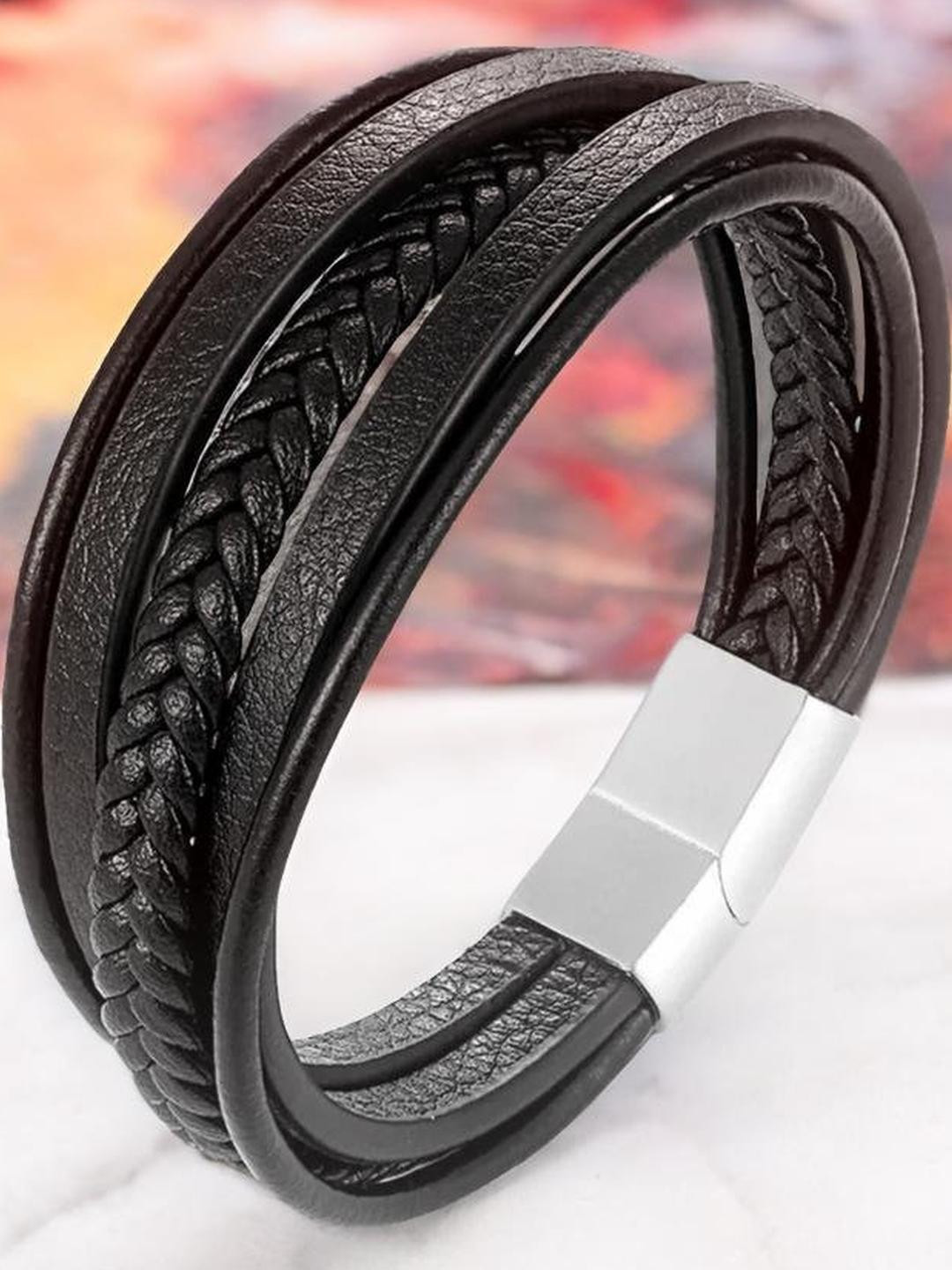 Black Braided Magnetic Clasp Leather Bracelet For Men