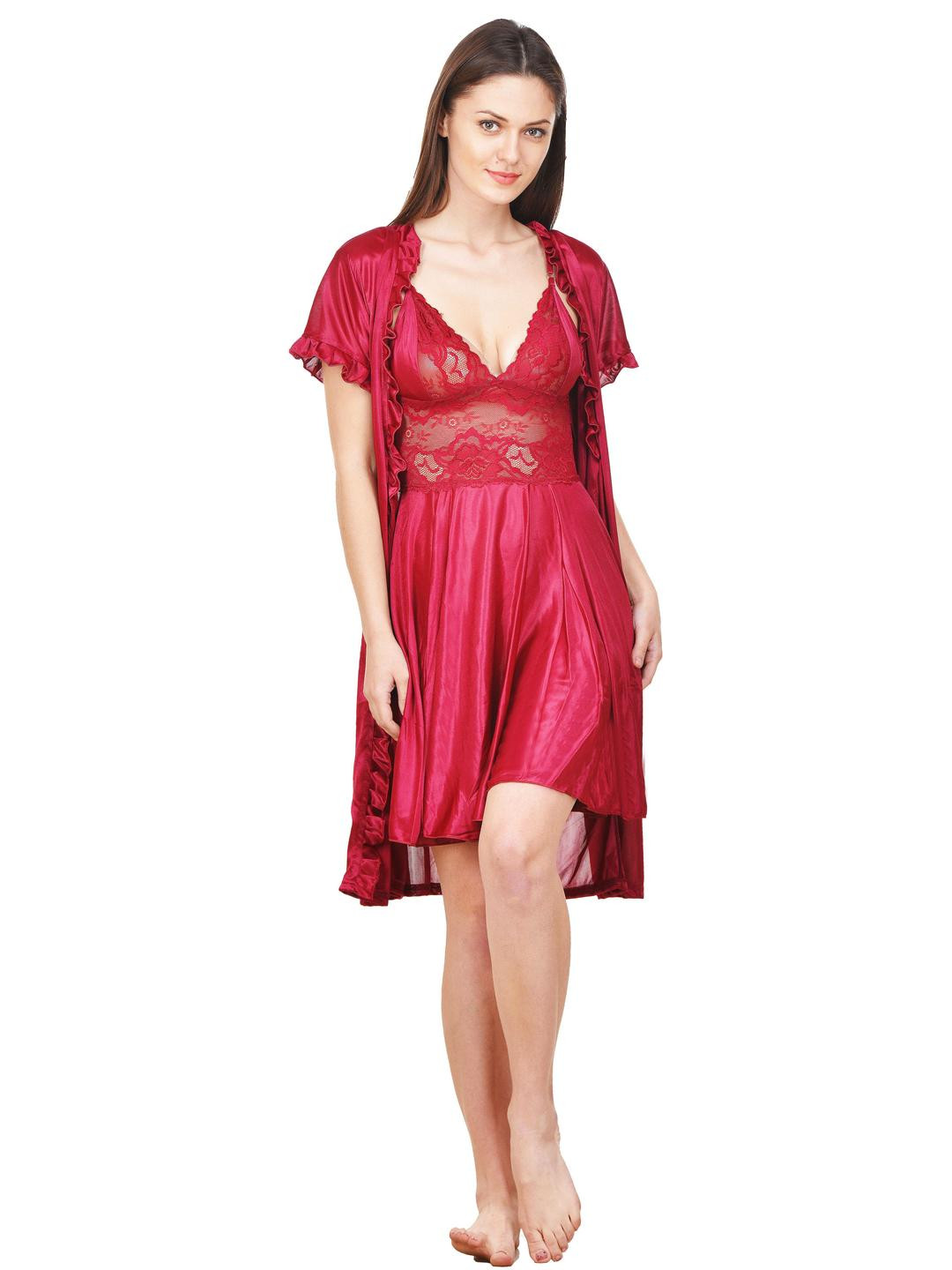 PHALIN Solid Satin Nighty and Robe Set - Maroon (Size - Free )