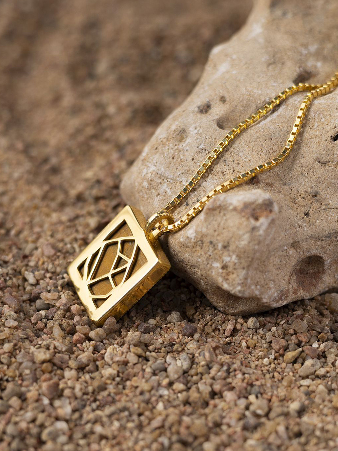 Stone Story By Shruti Men Sterling Silver Gold-Plated Tigers Eye Square Pendant With Chain