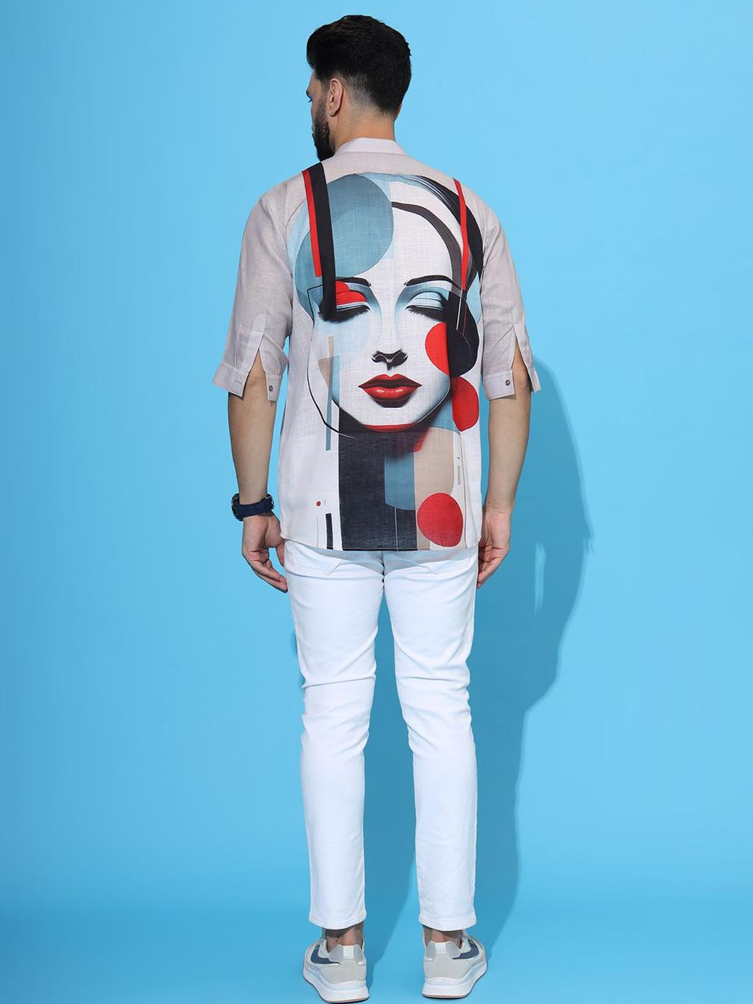 STICHRICH Men Premium Fit Graphic Printed Band Collar Linen Casual Shirt