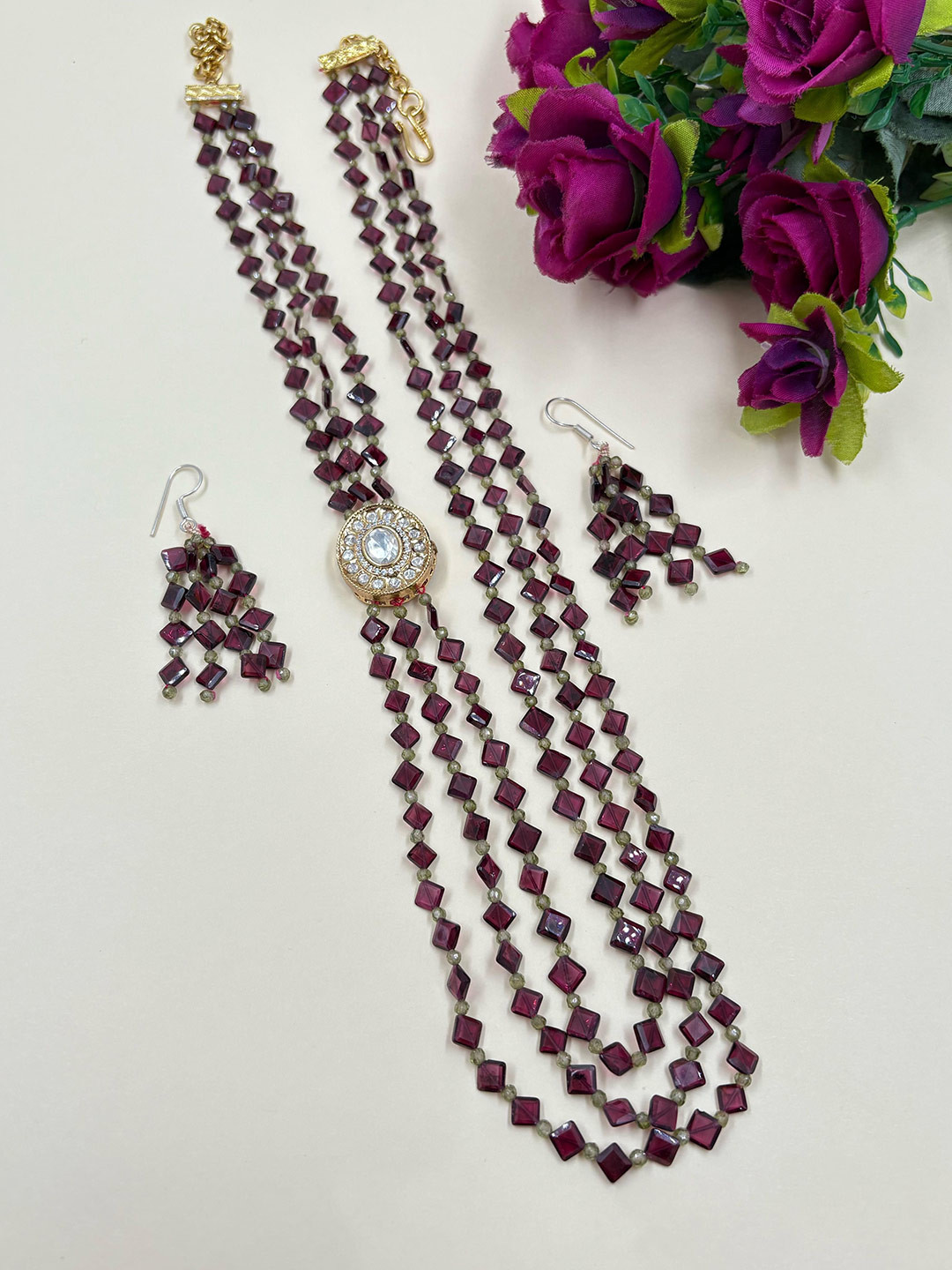 Gehna By  Beadazzled Garnet Stone Beaded Necklace Set With Kundan Brooch