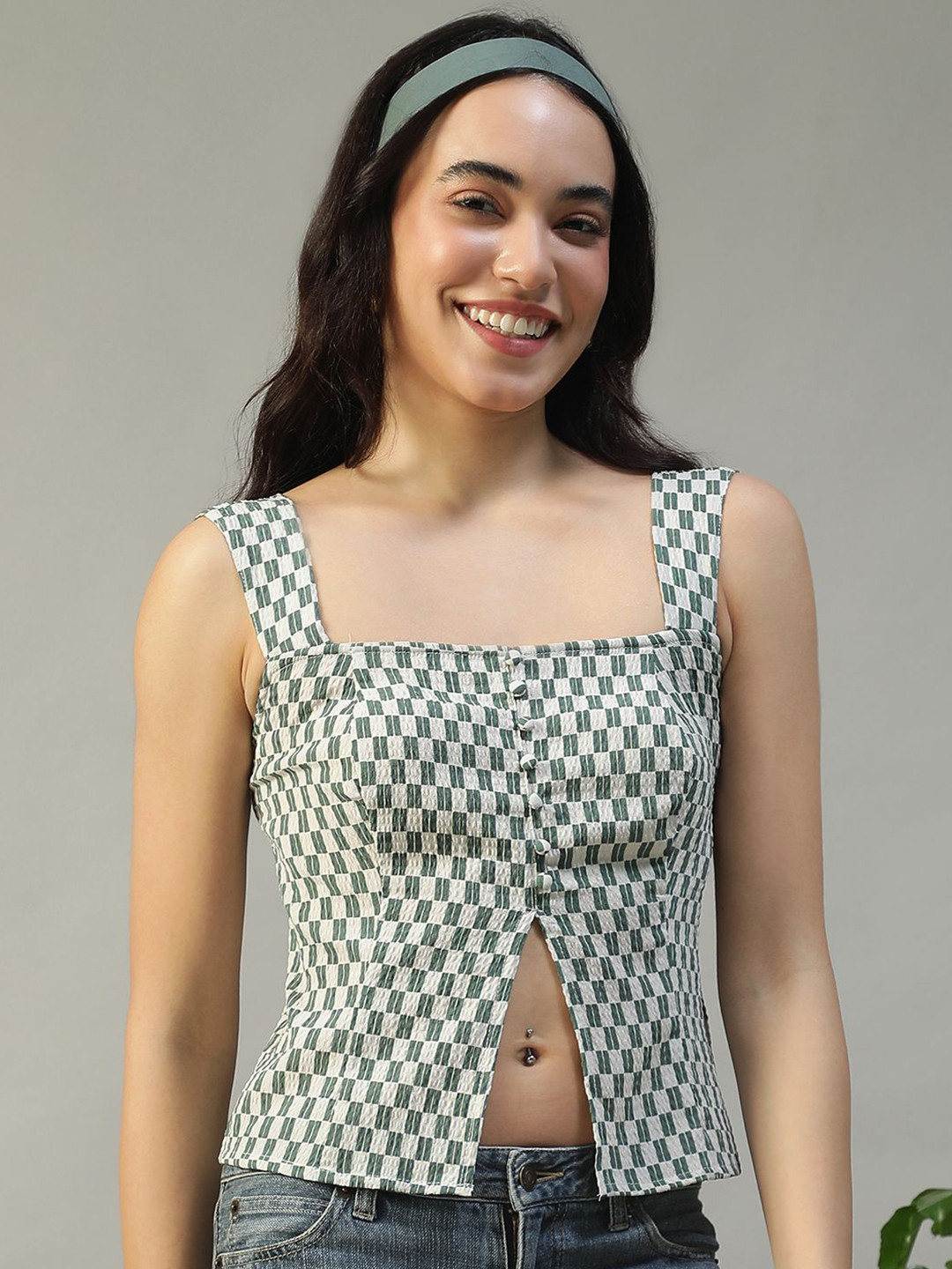 Oxolloxo Check Printed Smocked Button Down Seersucker Dobby Top