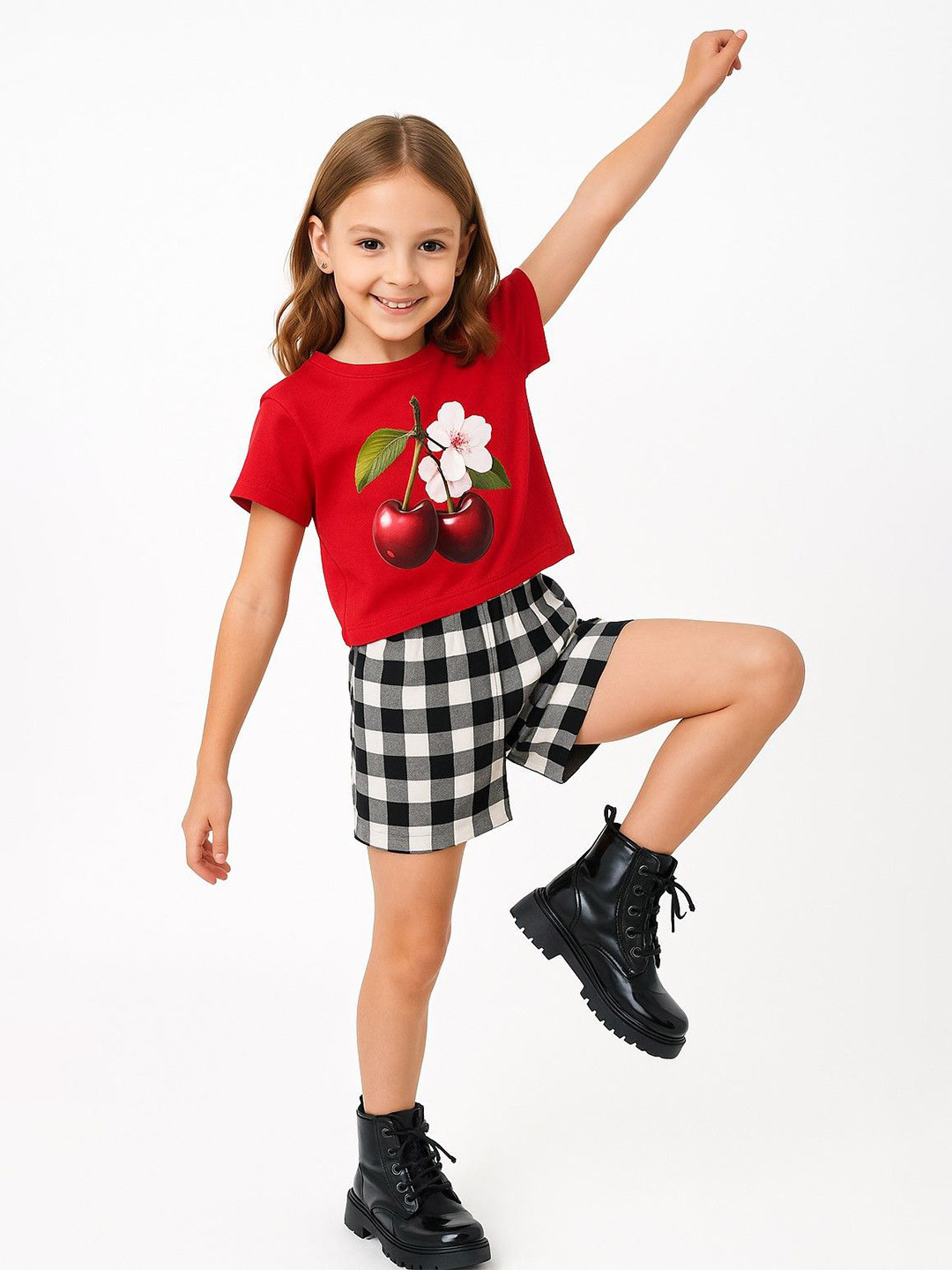 Baawri Girls Cherry Print Slim Fit Crop T-Shirt