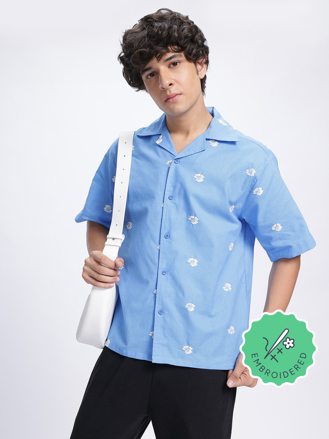 glitchez Floral Embroidered Drop-Shoulder Bowling Regular Fit Shirt