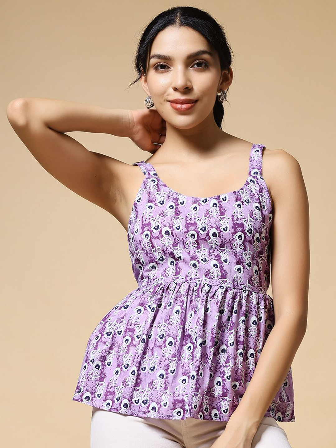 Istyle Can cotton printed strappy top for women Graphic Sleeveless Peplum Regular Top