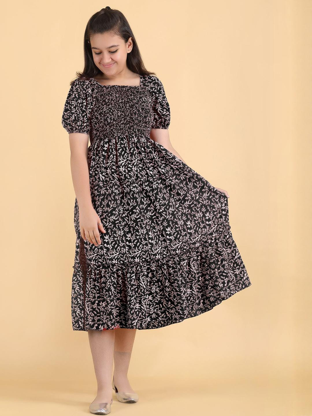 PTVIZE Floral Print Puff Sleeve Crepe A-Line Midi Dress