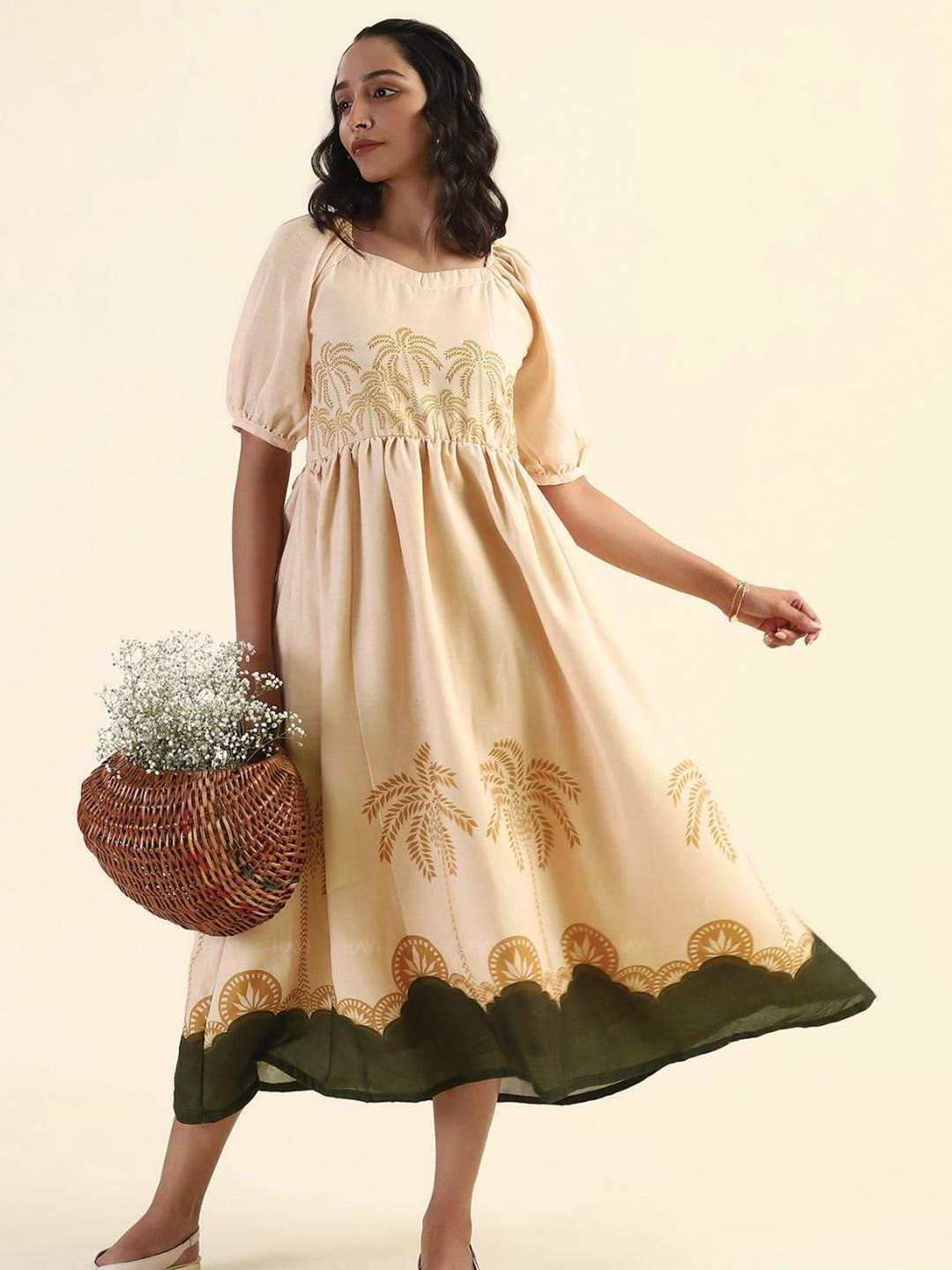 HAY Women Tropical Printed Gathered or Pleated Fit & Flare Midi Dress