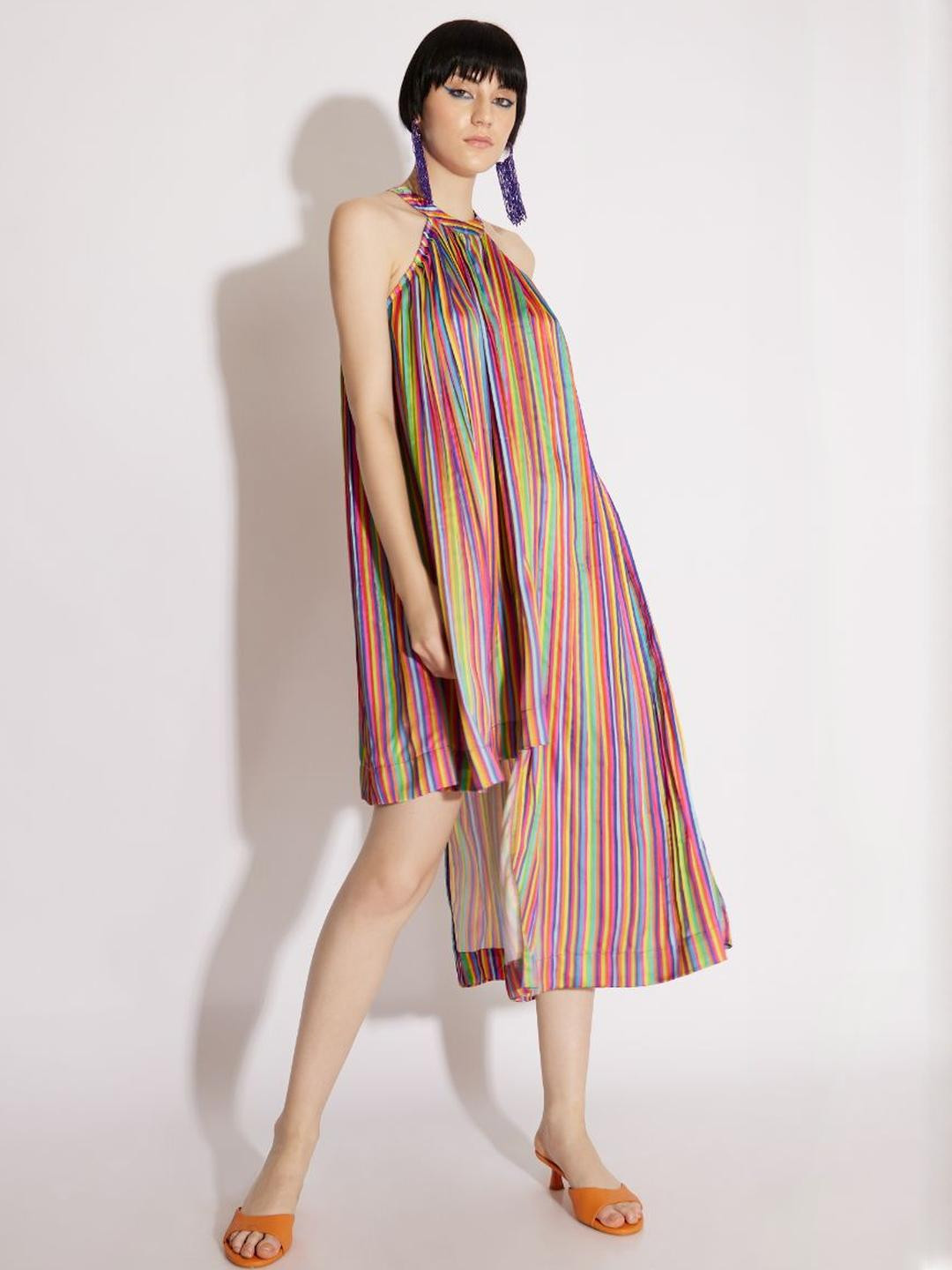 Mismatchd Striped A-Line Midi Dress