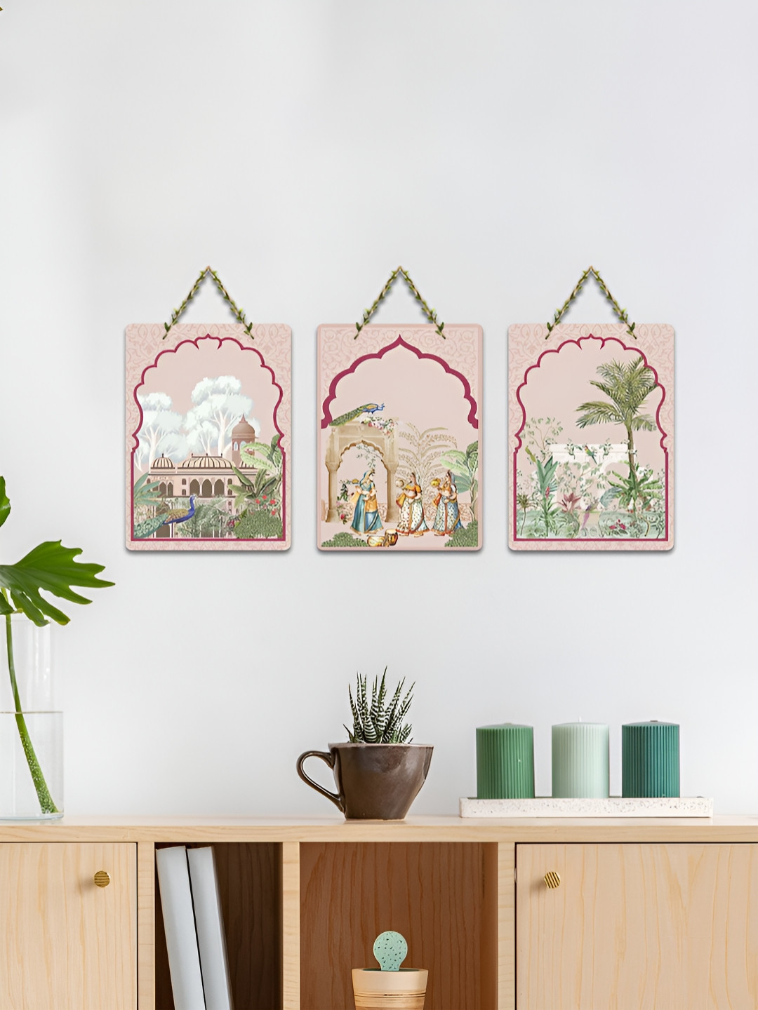ArtVibes Pink & Green 3 Pieces Tales from Rajasthan Printed Wooden Wall Hanging Decors