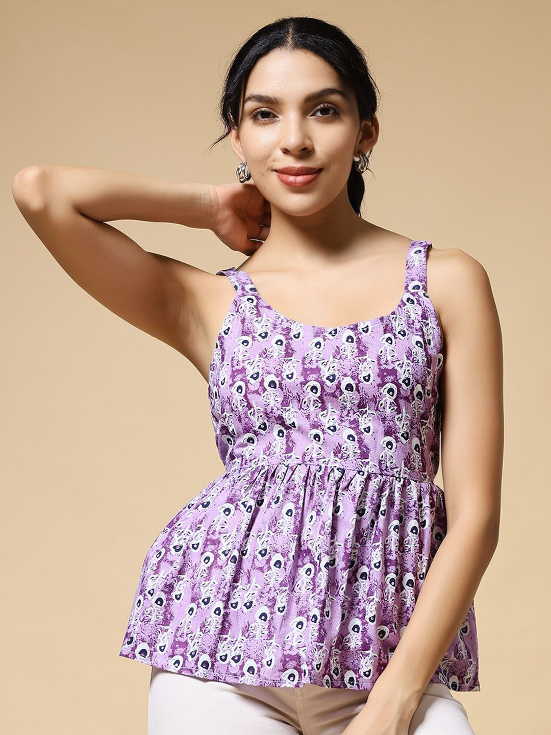 Lavender Abstract Square Neck Cotton Peplum Top