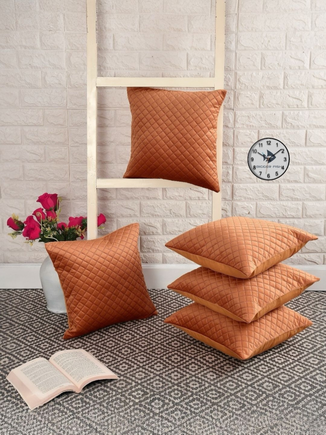 BIGGER FISH Rust 5 Pieces Self Design Velvet Square Cushion Covers