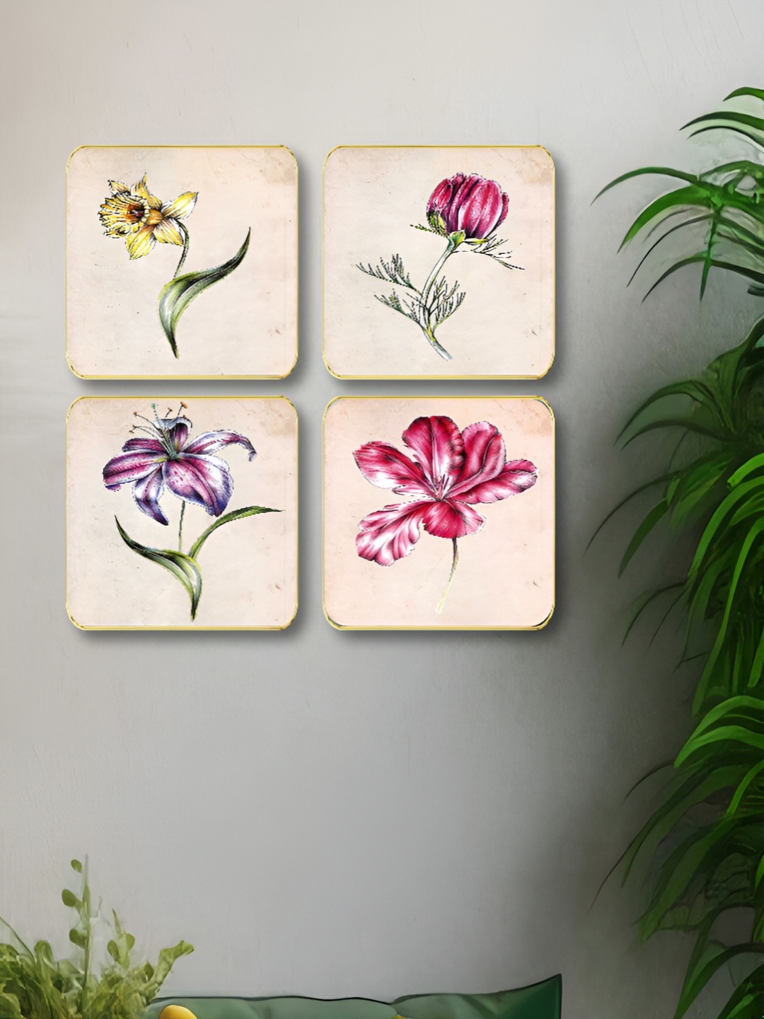 Livin'luxe White & Pink 4 Pieces Minimal Floral Sketch Wall Arts