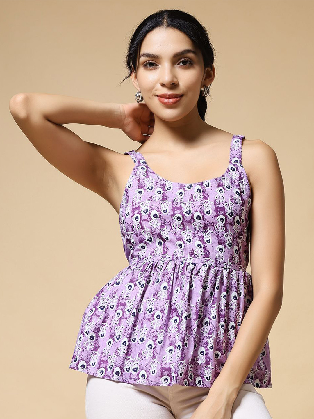 Womenster Peacock Motif Printed Scoop Neck Cotton Peplum Top