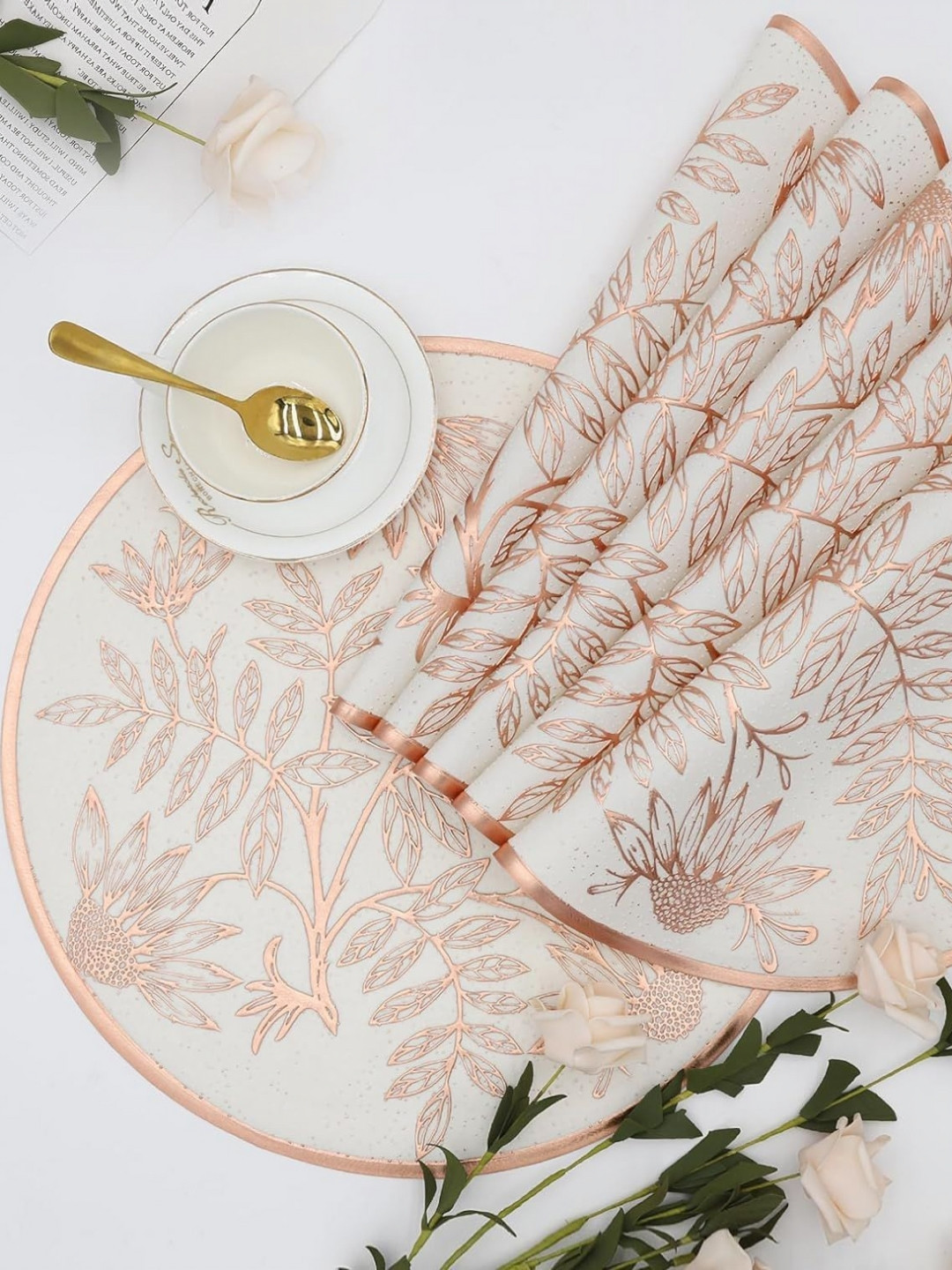 LooMantha 6-Pcs Copper & White Foil Printed Waterproof Table Placemats