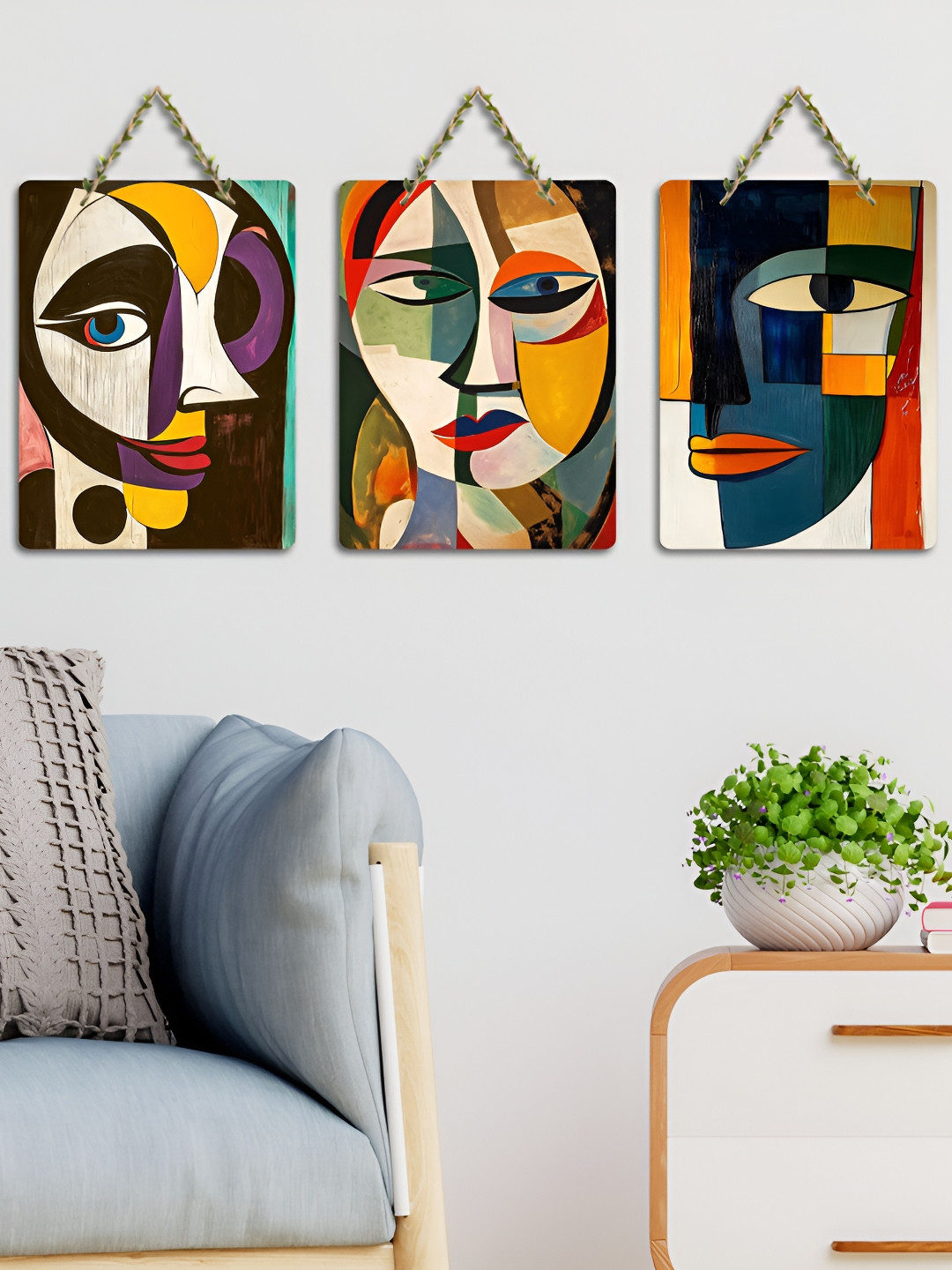 ArtVibes 3-Pcs Brown & Yellow Picasso Art Printed Wooden Wall Hanging Decor