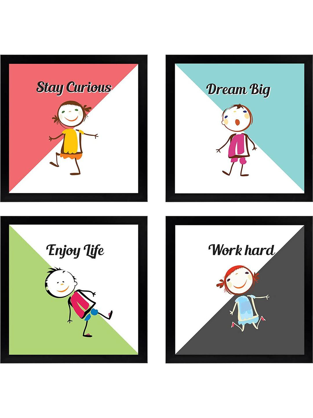 Chaka Chaundh Multicoloured Set of 4 Piece Wood Cartoon Characters Wall Paintings