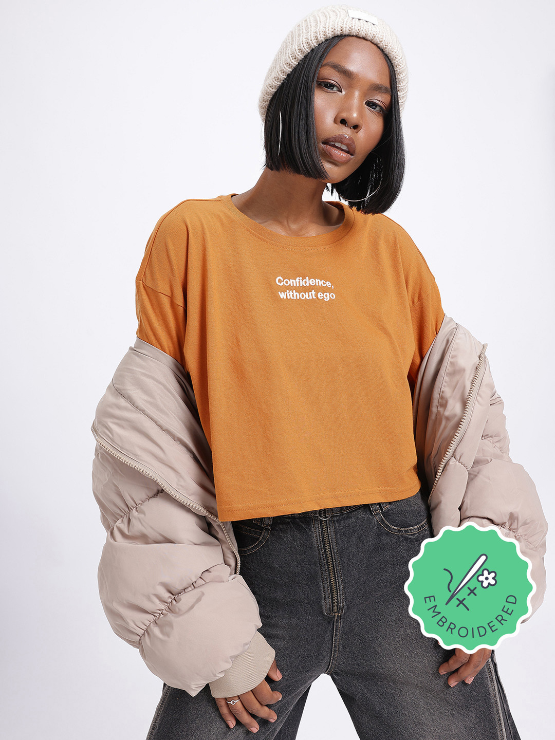 glitchez Typography Printed Embroidered Boxy Tee