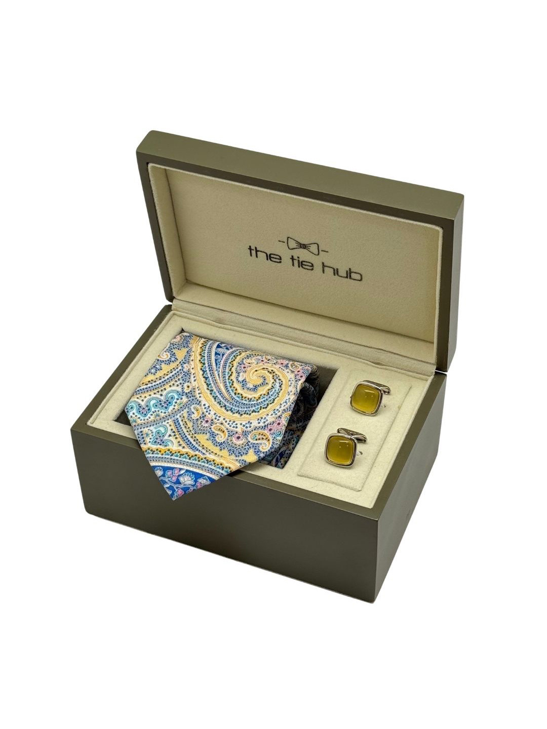 The Tie Hub Men Accessory Gift Set of Paisley Necktie with Yellow Cufflinks Pocket Square