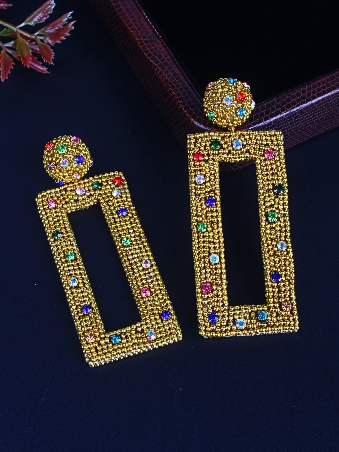 StyleCast Gold-Plated Rhinestone Studded Rectangle Drop Earrings
