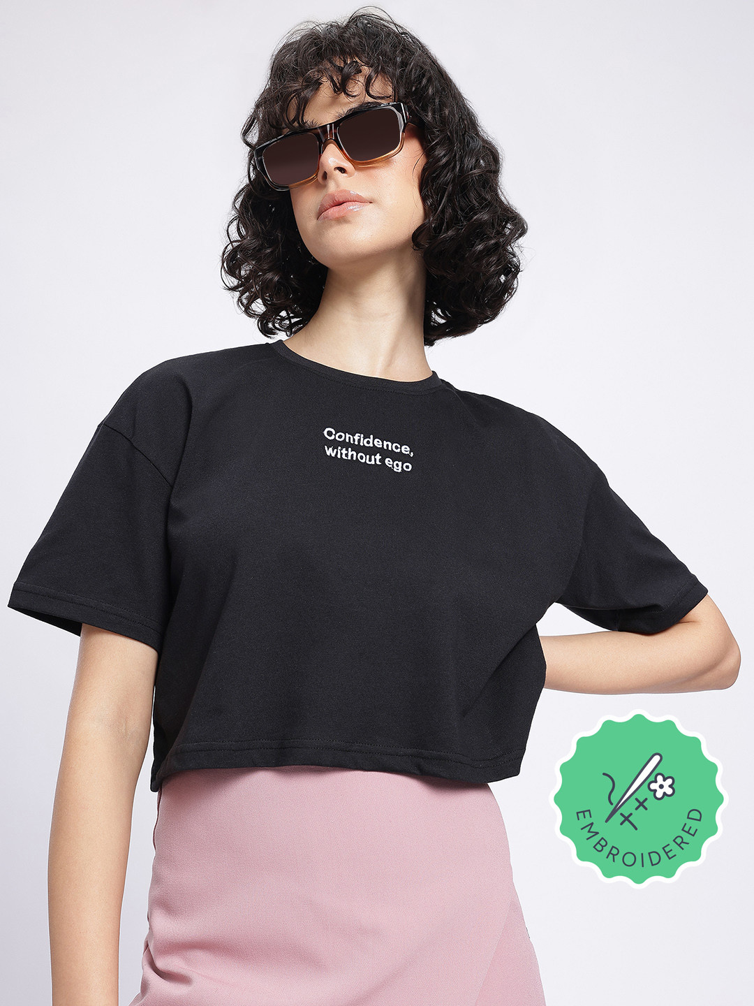 glitchez Typography Printed Drop Shoudler Cropped Boxy Tee