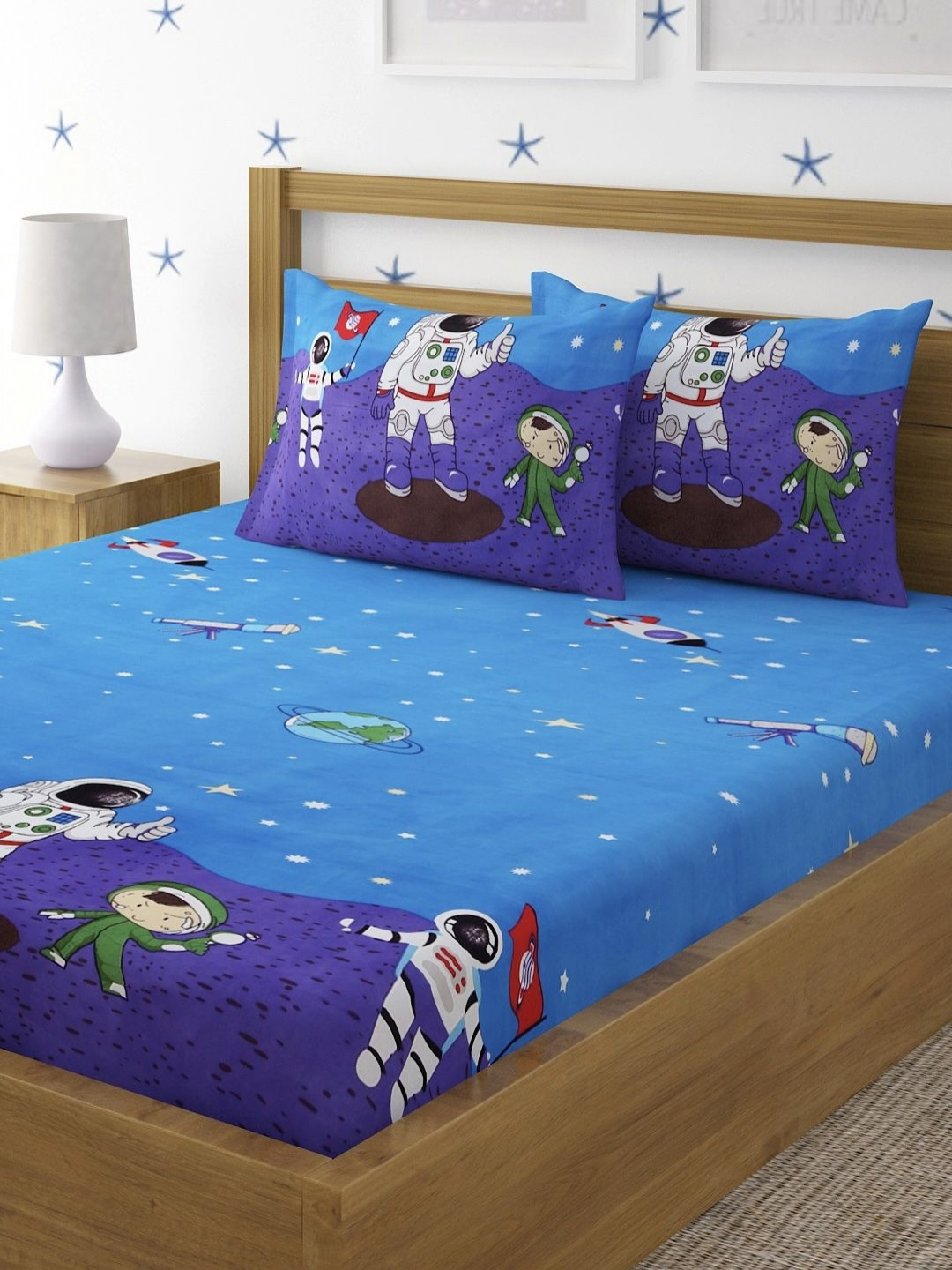 Myntra Elegant Homes Blue Cartoon Printed Fitted 300TC Queen Bedsheet Set 2.28 M X 2.54 M