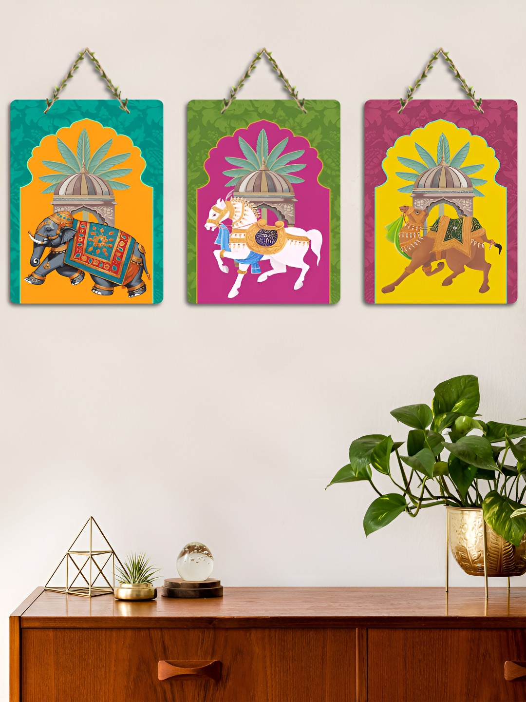 ArtVibes Yellow & Green 3 Pieces Kalamkari Art Printed Wooden Hanging Wall Arts