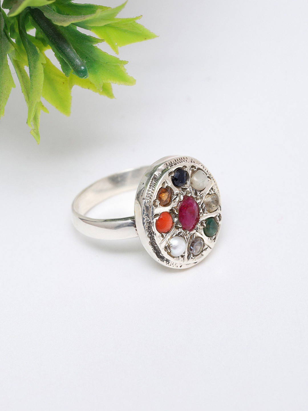 Exotic India 925 Sterling Silver Oval Shape Navaratna Finger Ring