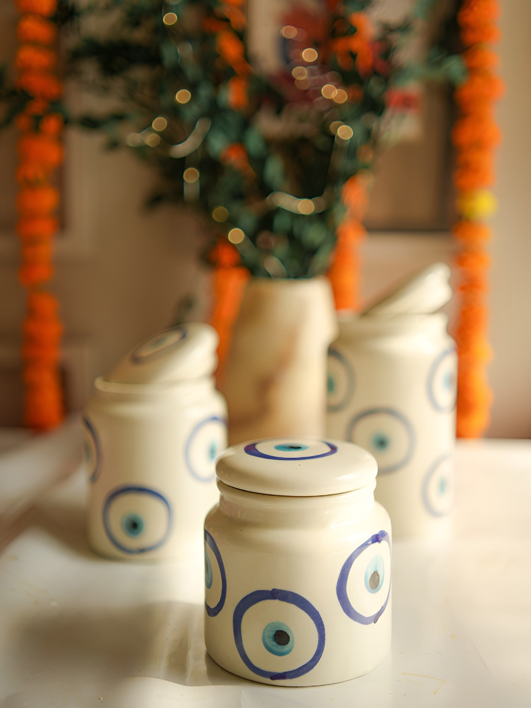 ArteCasa White Blue 3 Pieces Evil Eyes Printed Ceramic Easy to Clean Canister Container