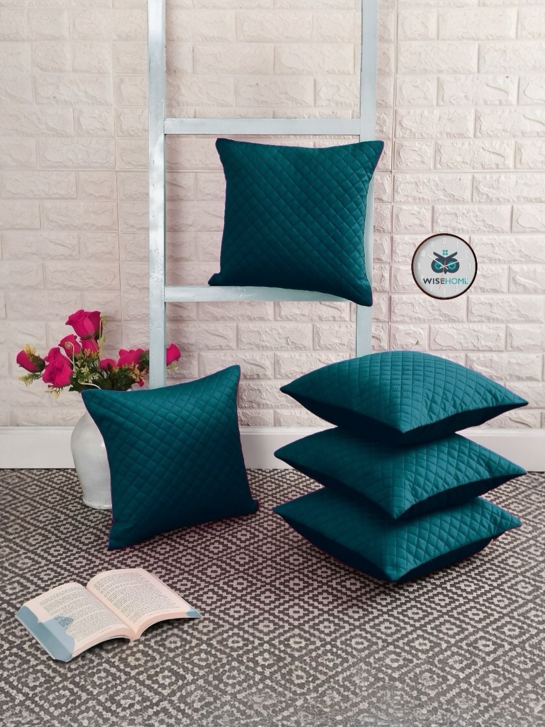 WISE HOME Green 5 Pieces Checked Velvet Square Cushion Covers