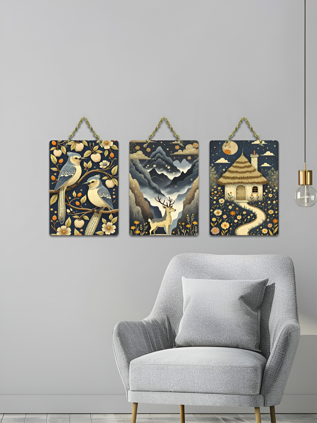 ArtVibes 3-Pcs Blue & Beige Twilight Tales Printed Wooden Wall Hanging Decor