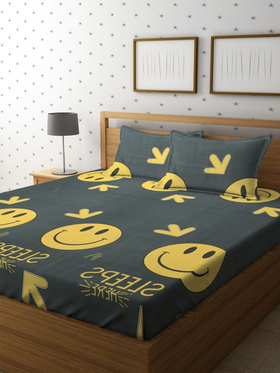 Myntra Elegant Homes Gray Printed Fitted 280 TC Double Queen Bedsheet Set 2.28m  x 2.54m