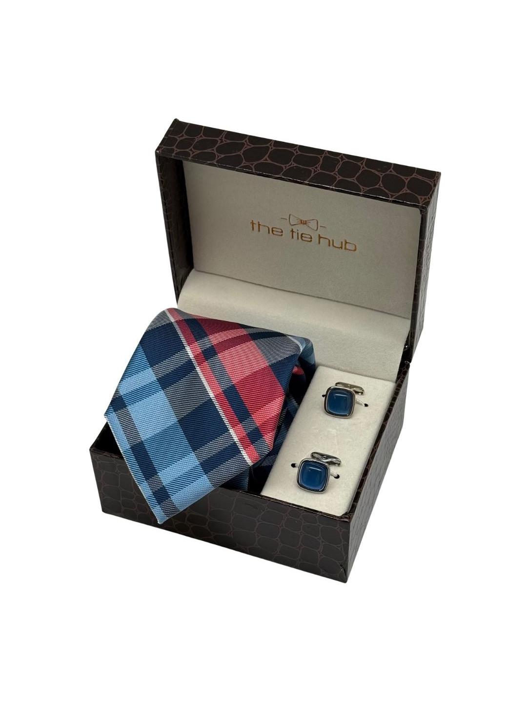 The Tie Hub Men Checkered Necktie With Square Cufflinks