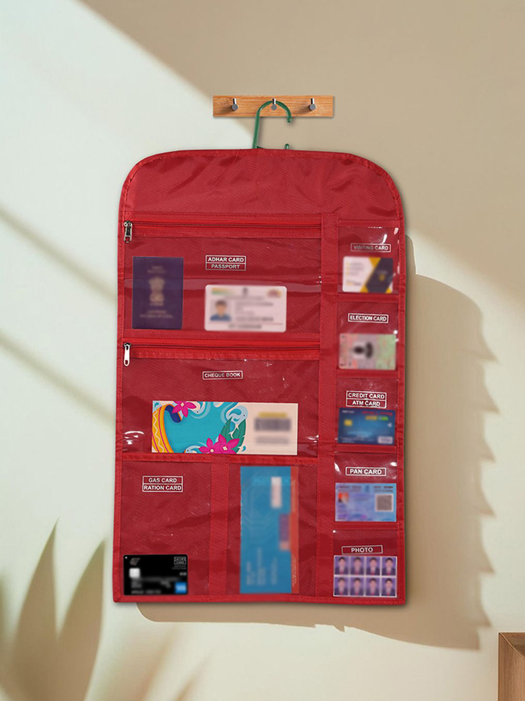 Kuber Industries Red PVC Foldable Wardrobe Hanging Document Holder With 10 Pocket