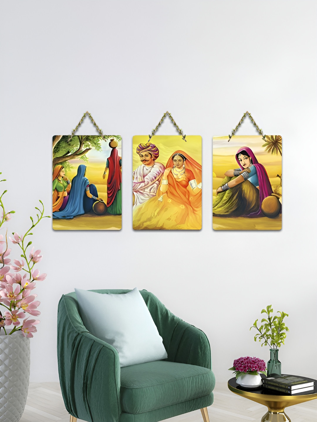 ArtVibes Yellow & Blue 3 Pieces Traditional Village Life Printed Wooden Hanging Wall Arts