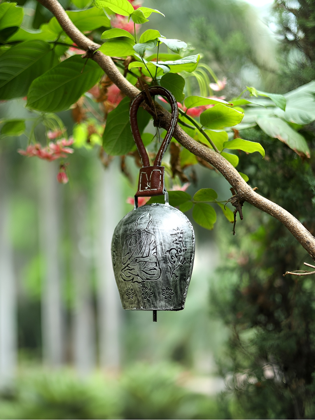 DULI Grey & Brown Textured Embossed Buddha Design Metal Cowbell Windchime