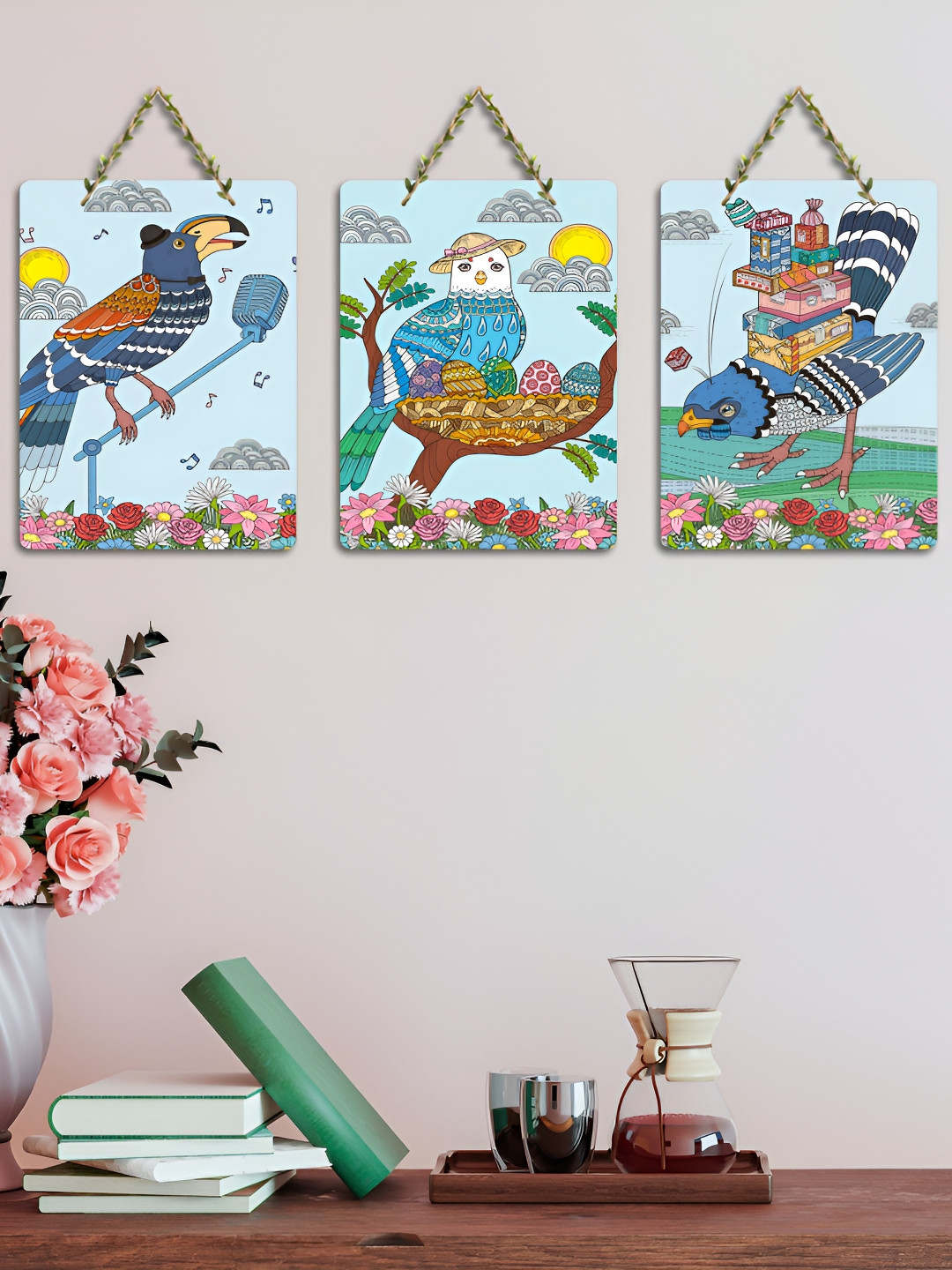 ArtVibes 3-Pcs Blue & Pink Pichwai Printed Wooden Wall Hanging Decor