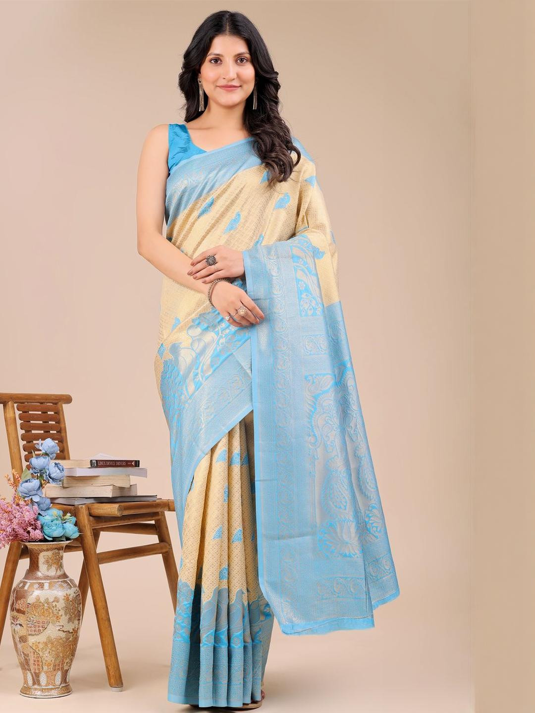 DIVASTRI Soft Banarasi Silk Saree Zari Weaving And Contrast Blouse Piece