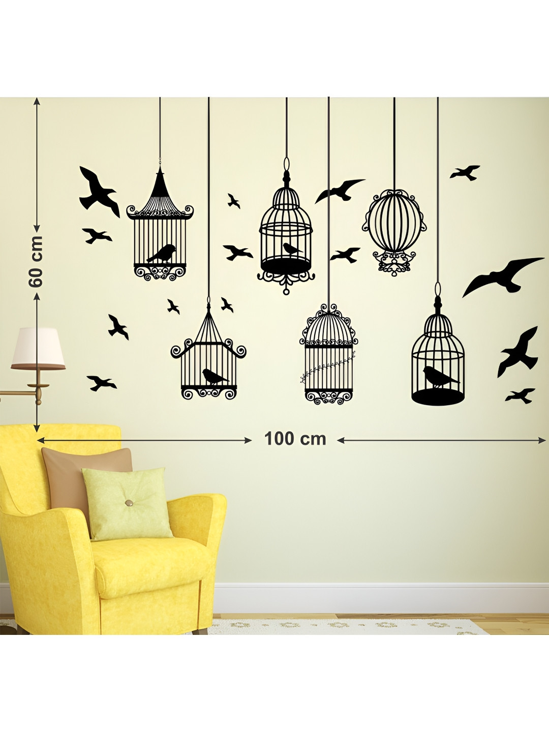 LANSTICK Black Birds With Cage Self-Adhesive Wall Sticker
