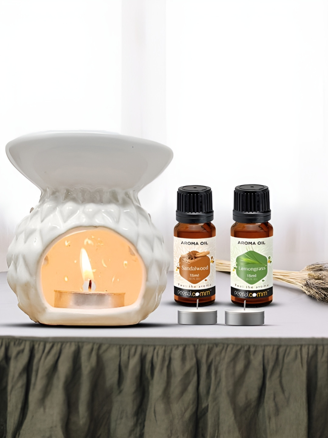 PEEPALCOMM 5-Pcs White & Brown Ceramic Diffuser With T-Light & AromaOil15 ml