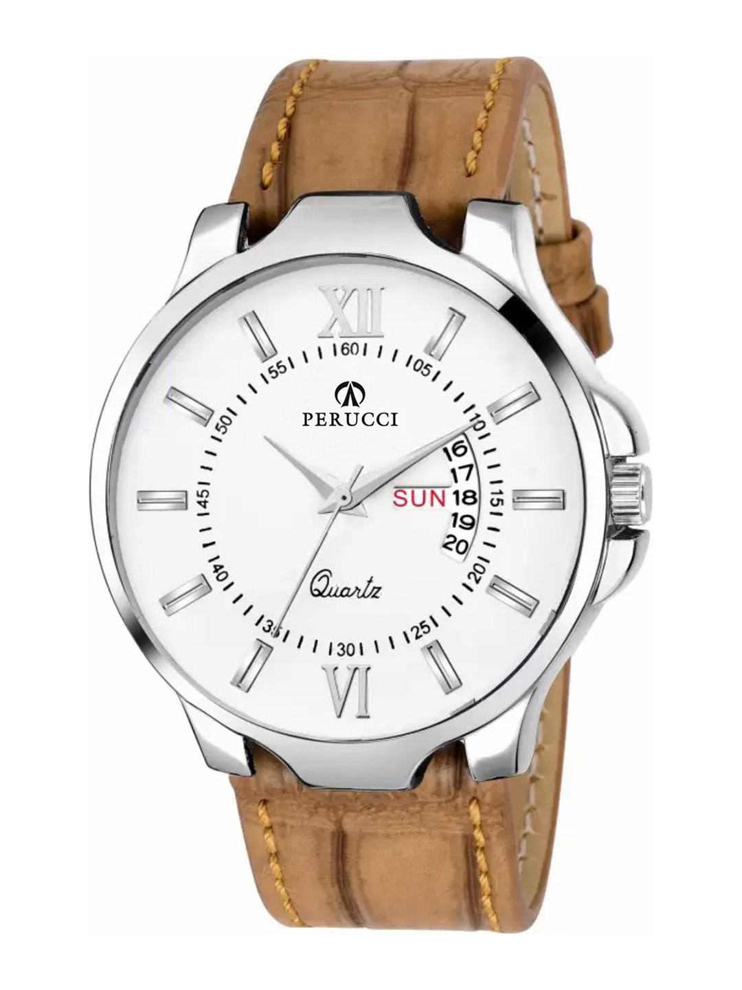 PERUCCI Men Brass Dial & Leather Straps Analogue Watch sh_White 85012SL01 Brown Strap