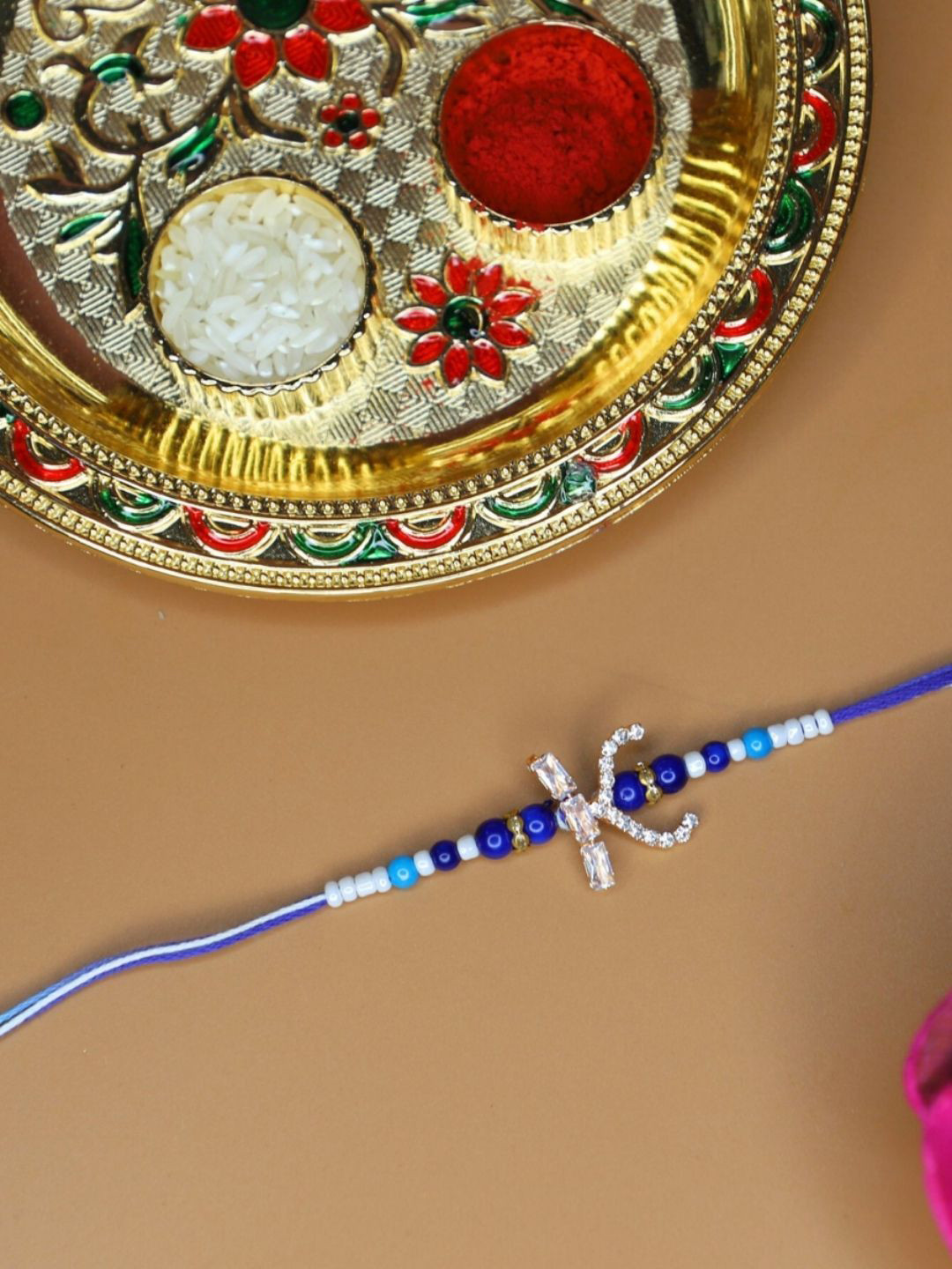 House of Pataudi Alphabet K Initial Rakhi With Roli Chawal & Greeting card