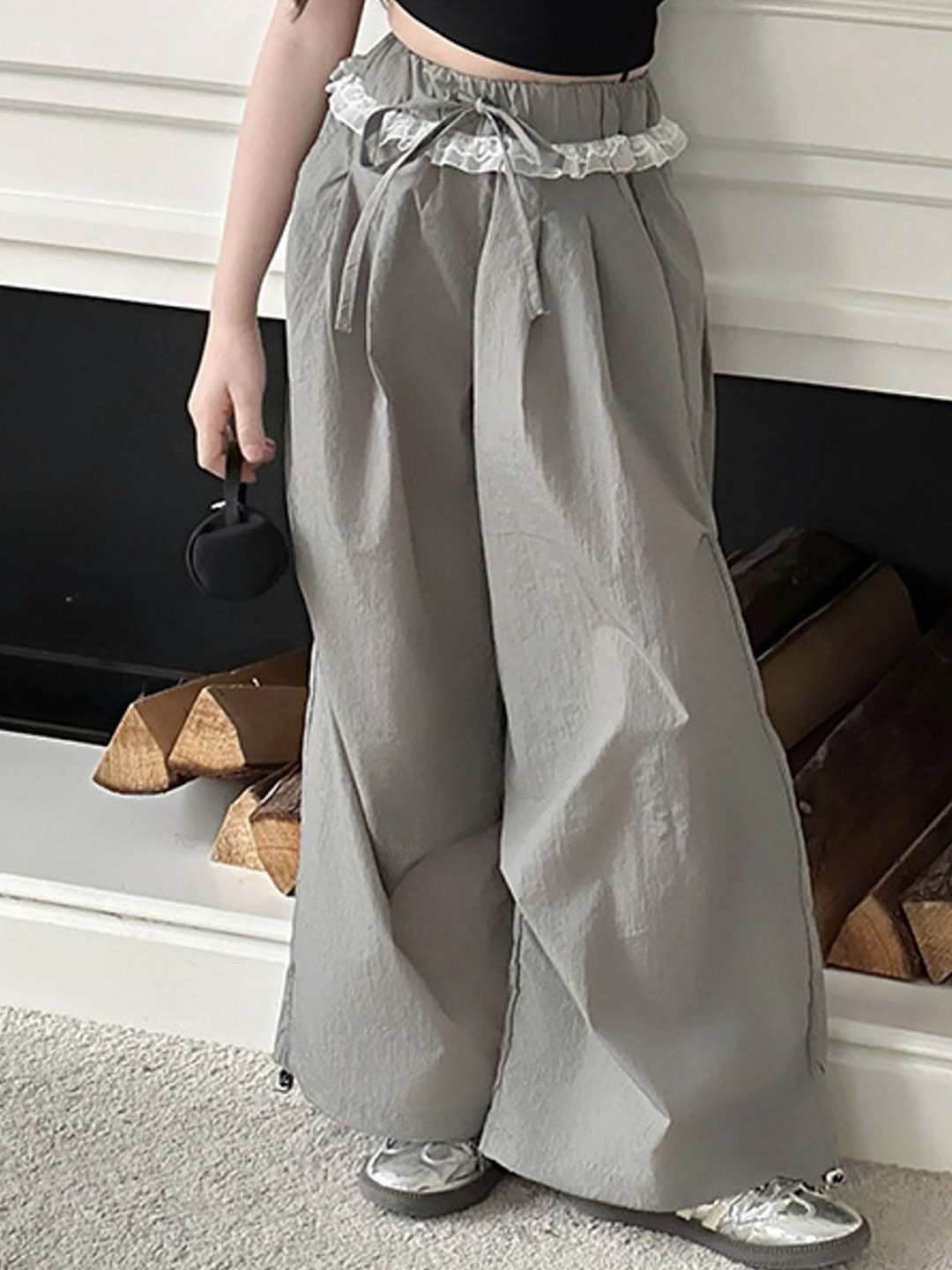 LULU & SKY Girls High-Rise Wide Leg Lace Trim Pleated Trousers