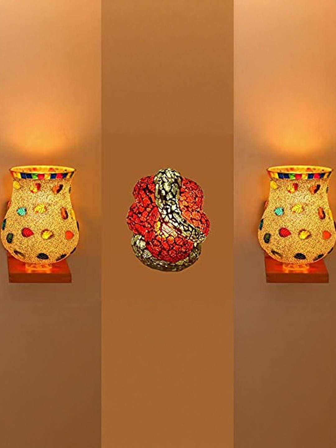 Somil Indore Mosaic Decorative Lamp Combo of Matching Wall Lamp & Blessing God Ganesh Wall Lamp, Multi Compatible with LED, Size: 14 X 14 X 19 Cm, Pack of 3.