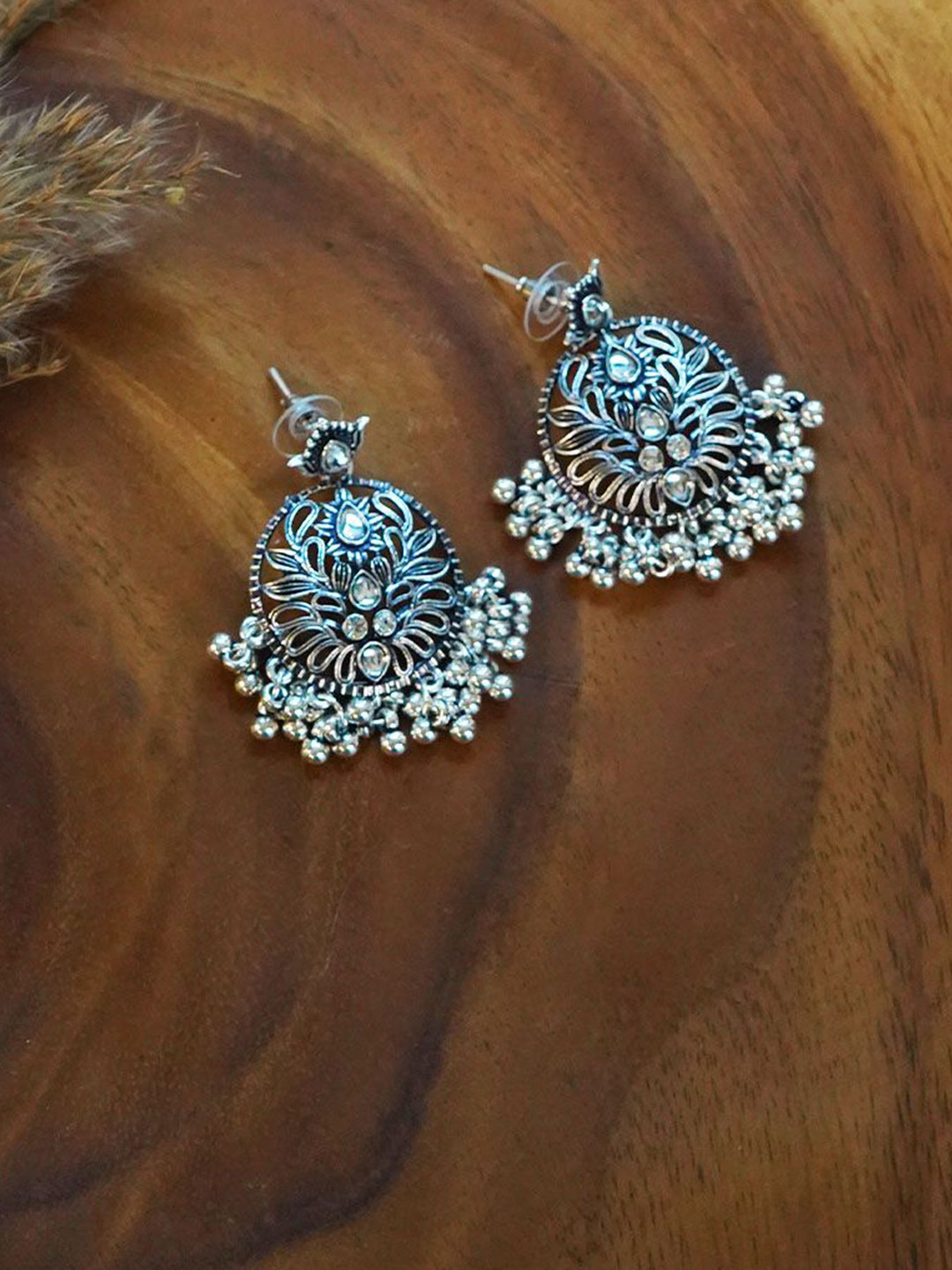 trueBrowns Sliver-Plated Artificial Stones & Beads Circular Shaped Oxidised Drop Earrings