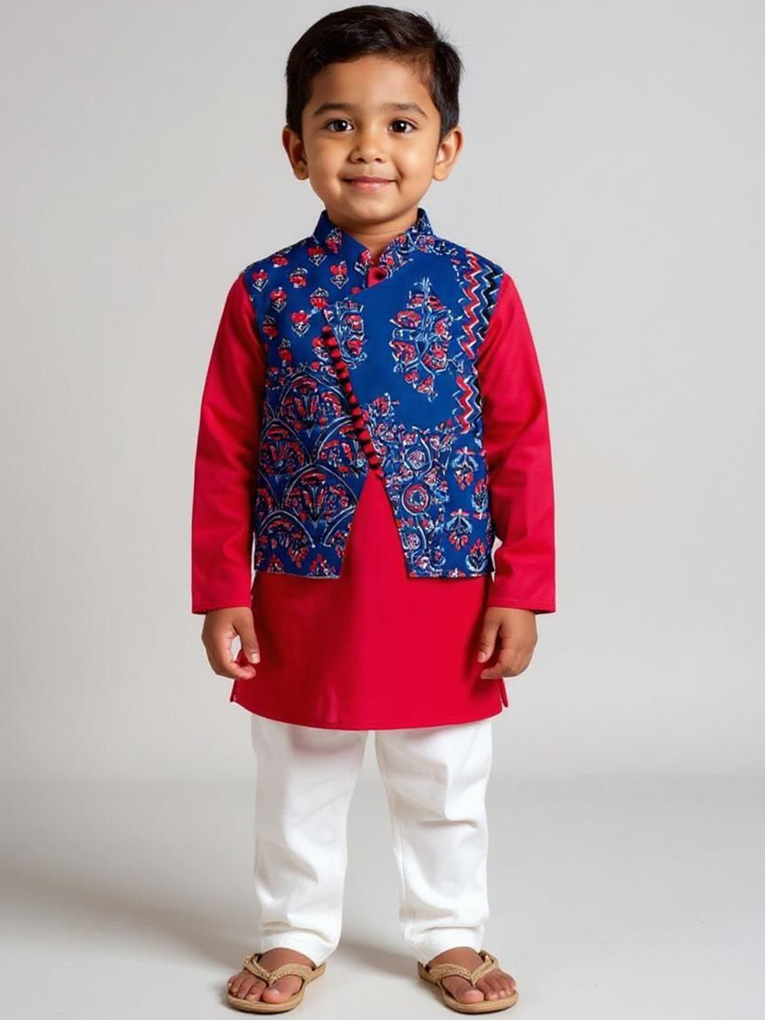 Sangria Boys Pure Cotton Mandarin Collar Kurta-Pyjama With Printed Jacket Set