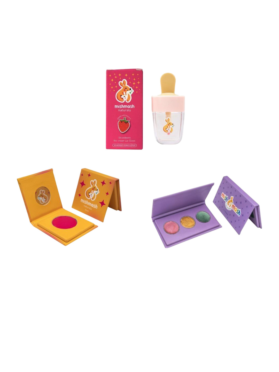 Mishmash Naturals Set Of 3 Lip Gloss -12 ml Blush Rosy Cheeks & Eyeshadow Shimmery Tales