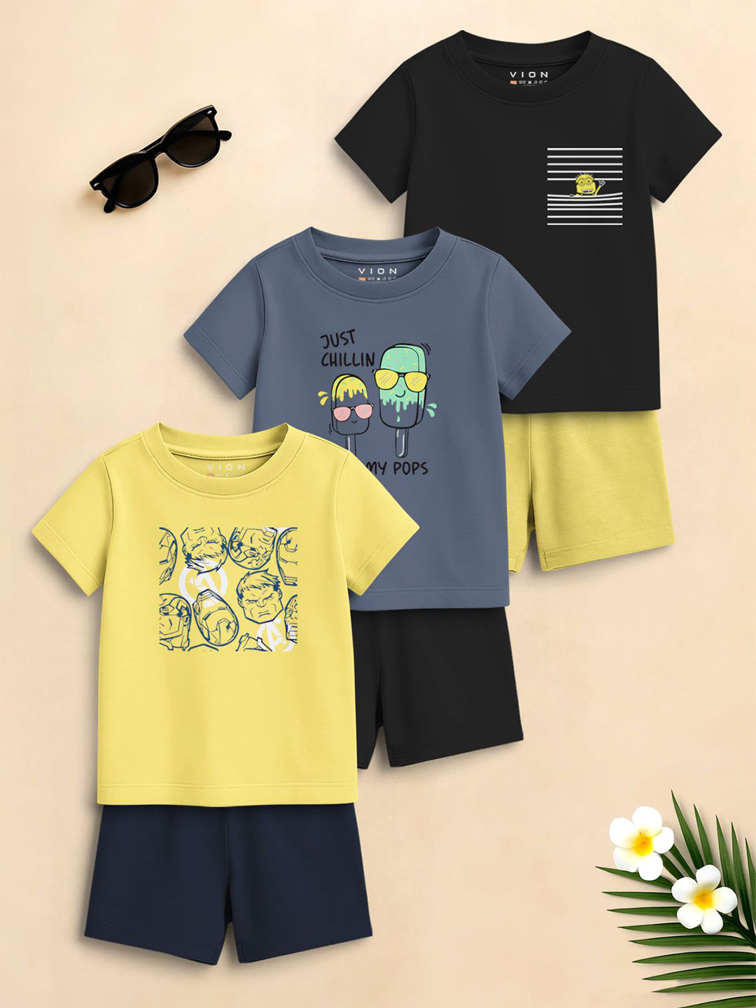 VION Boys Pack Of 3 Printed Round Neck T-Shirts With Shorts