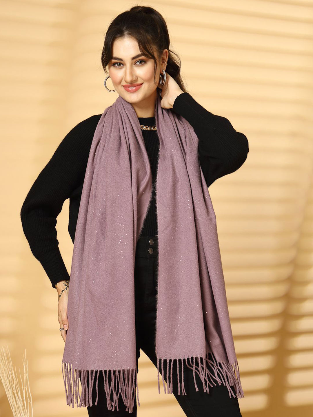 Mafadeny Women Sparkle Embellished Stole Wth Fringe