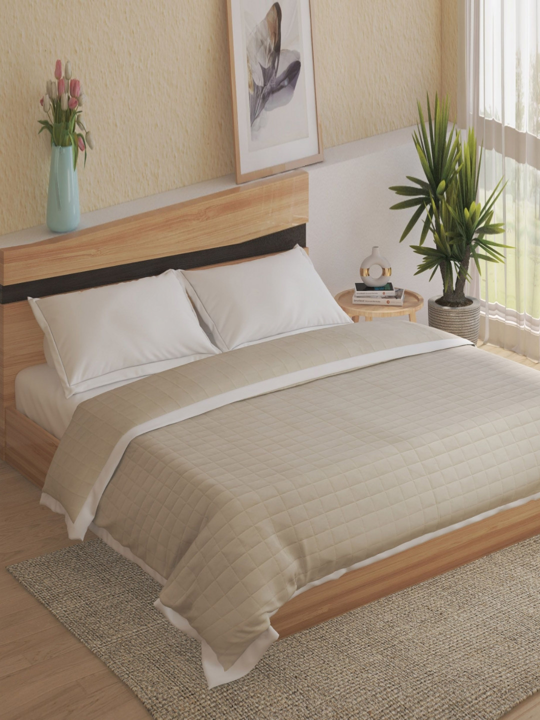 Home Centre Ecliptic Saga Waffle White & Brown Cotton 120 GSM Double Bed Quilt